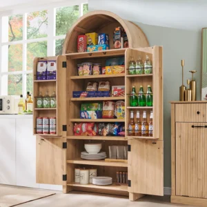 SinCiDo Arched Kitchen Pantry Storage Cabinet 71 Tall Wood Pantry Shelves with 2 Doors 2 Large Drawers for Dining Room Living Room