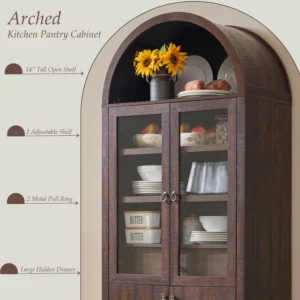 SinCiDo Arched Kitchen Pantry Storage Cabinet 71 Tall Wood Pantry Shelves with 2 Doors 2 Large Drawers for Dining Room Living Room