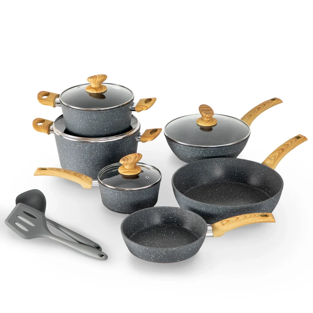 Sophia William 12 Pieces Kitchen Nonstick Granite Coated Cookware Set Bgrey