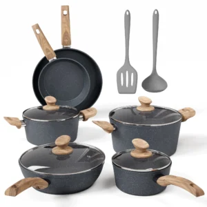 Sophia William 12 Pieces Kitchen Nonstick Granite Coated Cookware Set Bgrey