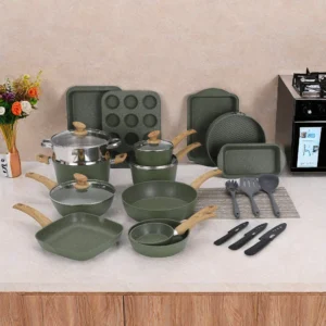 Sophia William 30 Pieces Cookware Bakeware Set Safe Granite Non stick Aluminum Pots and Pans Black