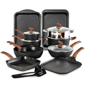 Sophia William 30 Pieces Cookware Bakeware Set Safe Granite Non stick Aluminum Pots and Pans Black