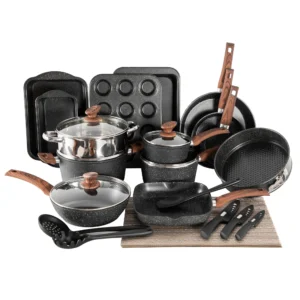 Sophia William 30 Pieces Cookware Bakeware Set Safe Granite Non stick Aluminum Pots and Pans Black