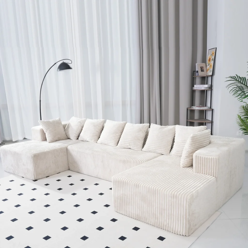SOULART 130 Modular Sectional Couch U Shaped Sofa with Chaise Lounge Striped Corduroy Upholstered 4 Seater Sofa with Pillow Back and Square Arms