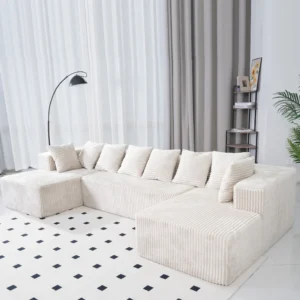 SOULART 130 Modular Sectional Couch U Shaped Sofa with Chaise Lounge Striped Corduroy Upholstered 4 Seater Sofa with Pillow Back and Square Arms