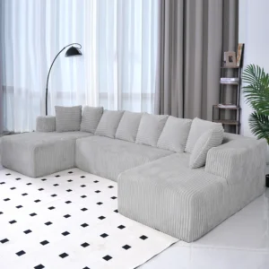 SOULART 130 Modular Sectional Couch U Shaped Sofa with Chaise Lounge Striped Corduroy Upholstered 4 Seater Sofa with Pillow Back and Square Arms