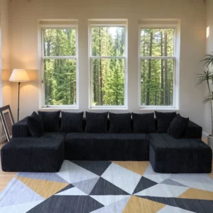 SOULART 130 Modular Sectional Couch U Shaped Sofa with Chaise Lounge Striped Corduroy Upholstered 4 Seater Sofa with Pillow Back and Square Arms