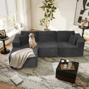 SOULART 130 Modular Sectional Couch U Shaped Sofa with Chaise Lounge Striped Corduroy Upholstered 4 Seater Sofa with Pillow Back and Square Arms