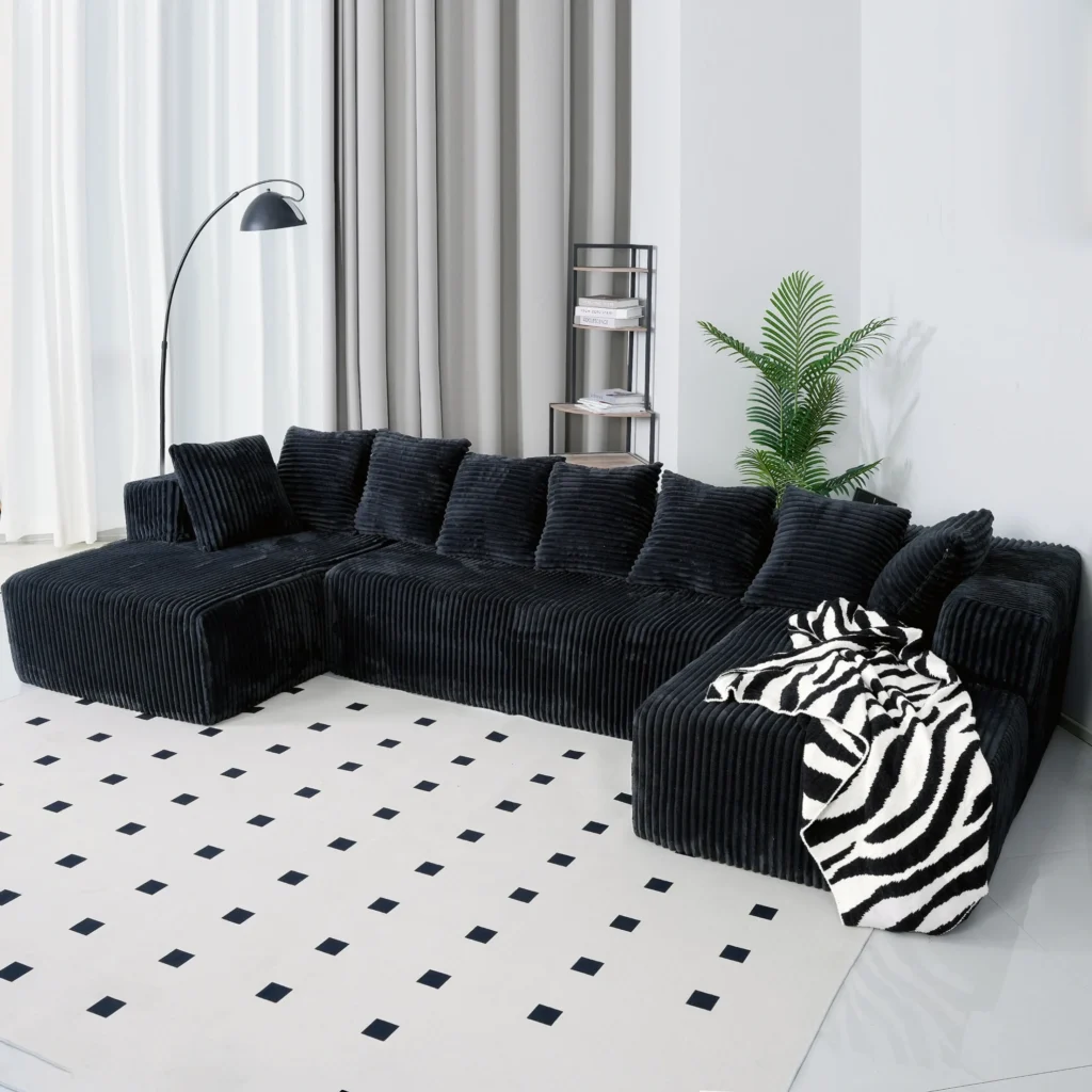 SOULART 130 Modular Sectional Couch U Shaped Sofa with Chaise Lounge Striped Corduroy Upholstered 4 Seater Sofa with Pillow Back and Square Arms — close-up detail of design and finish