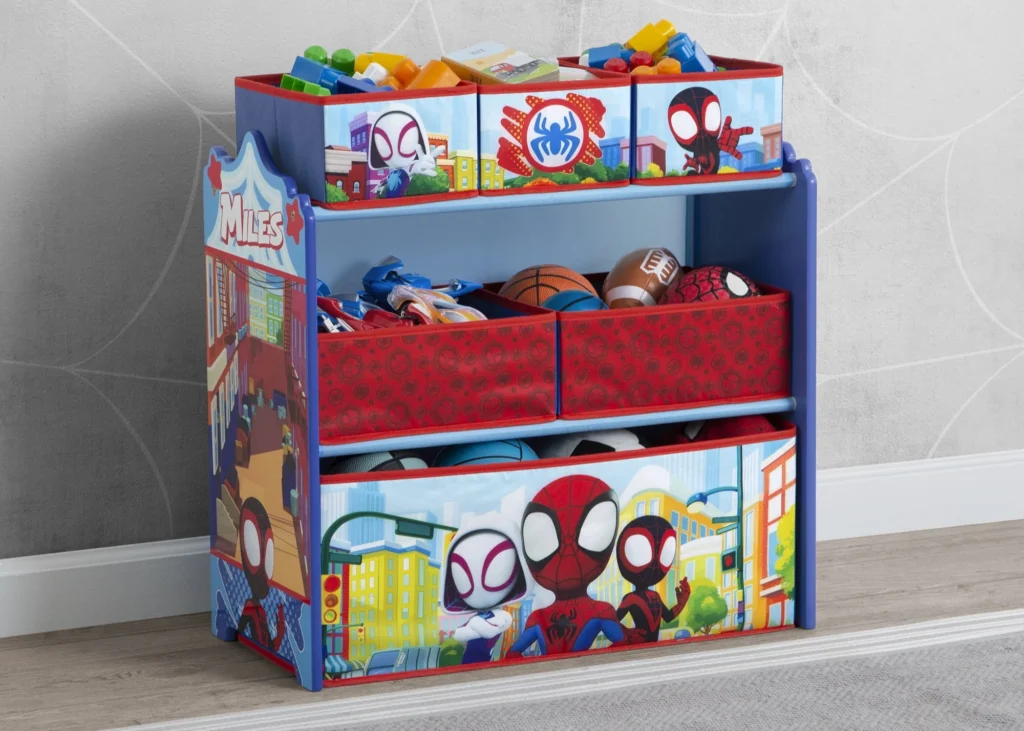 Delta Children Spidey & Friends 6 Bin Toy Organizer – Sticker Play β alternate angle showing full product