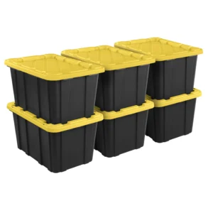 Sterilite 27 Gallon Industrial Tote Rugged Plastic Storage Bin Snap on Lid Black Yellow 6 Count 4