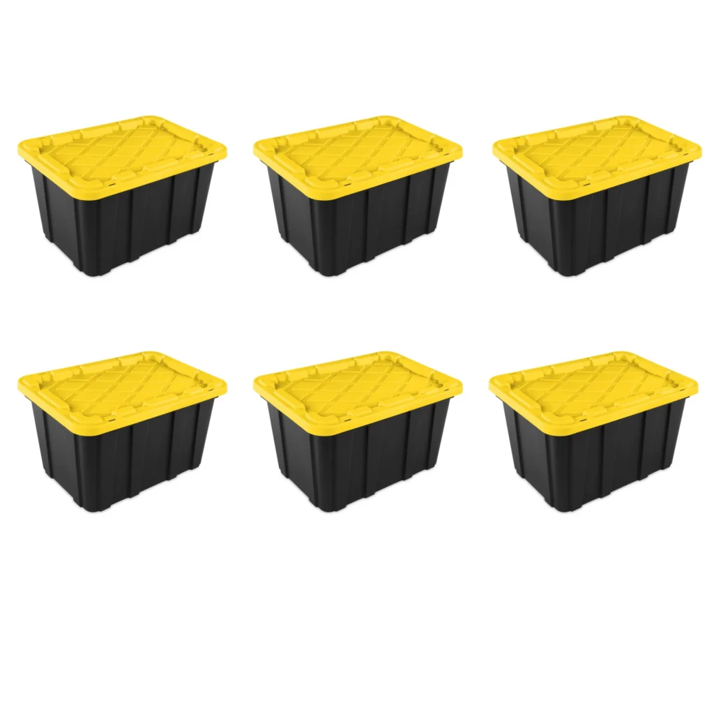 Sterilite 27 Gallon Industrial Tote Rugged Plastic Storage Bin Snap on Lid Black Yellow 6 Count 1