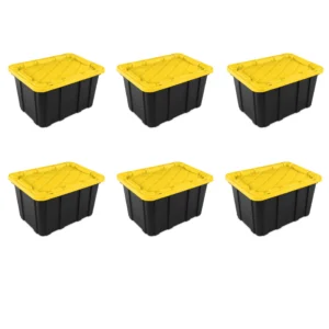 Sterilite 27 Gallon Industrial Tote Rugged Plastic Storage Bin Snap on Lid Black Yellow 6 Count 1