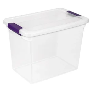 Sterilite 27 Quart Latch Box Clear Plastic Storage Bin with Clear Lid Blue