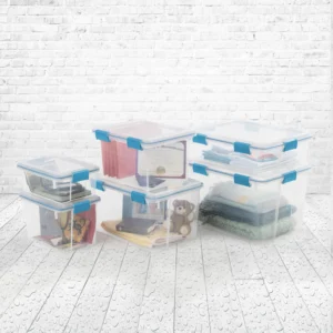Sterilite 80 Quart Gasket Box Storage Bin w Lid Latches Clear Aqua Blue for Adult