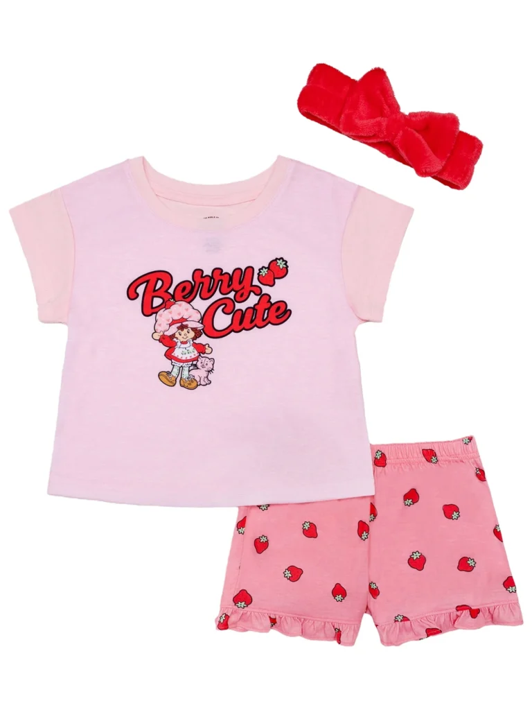 Strawberry Shortcake Tween 2 Piece Short Sleeve Top and Shorts Pajama Set with Spa Headband Sizes 4 12