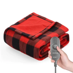 Sunbeam Electric Heated Throw Blanket Black Buffalo Plaid Faux Shearling 4 Heat Settings 60×80