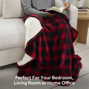 Sunbeam Electric Heated Throw Blanket Black Buffalo Plaid Faux Shearling 4 Heat Settings 60×80