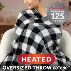 Sunbeam Electric Heated Throw Blanket Black Buffalo Plaid Faux Shearling 4 Heat Settings 60×80