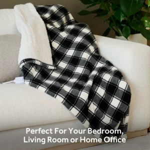 Sunbeam Electric Heated Throw Blanket Black Buffalo Plaid Faux Shearling 4 Heat Settings 60×80