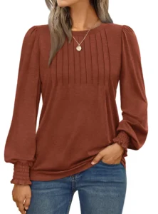 SUNBS Long Sleeve Shirts for Women Pleated Crewneck Fall Winter Casual Blouses 2025