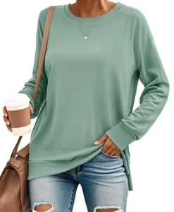 SUNBS Long Sleeve Shirts for Women Pleated Crewneck Fall Winter Casual Blouses 2025