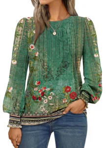 SUNBS Long Sleeve Shirts for Women Pleated Crewneck Fall Winter Casual Blouses 2025