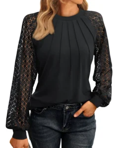 SUNBS Long Sleeve Shirts for Women Pleated Crewneck Fall Winter Casual Blouses 2025
