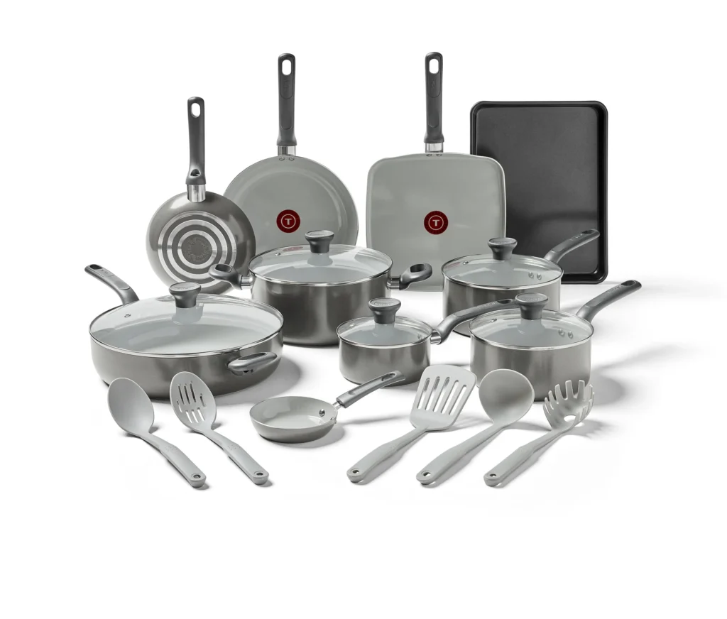 T-fal Easy Care 20-Piece Non-Stick Cookware Set – Red Durability — alternate angle showing full product