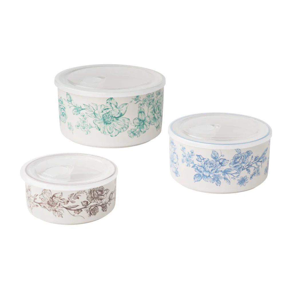 The Pioneer Woman Vintage Lace 6-Piece Nesting Bowls – Ceramic Rectangular Set — close-up detail of design and finish