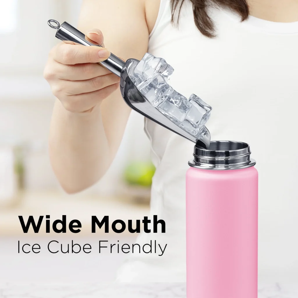 ThermoProof Insulated Water Bottle Stainless Steel Wide Mouth Spout Screw Lids Leakproof Dishwasher Safe Reusable Keeps Drinks Hot Cold Adults Kids 1