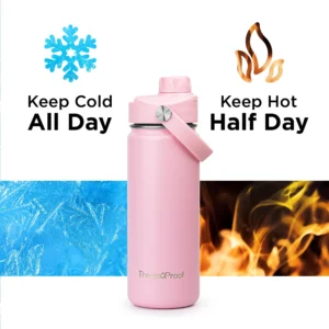 ThermoProof Insulated Water Bottle Stainless Steel Wide Mouth Spout Screw Lids Leakproof Dishwasher Safe Reusable Keeps Drinks Hot Cold Adults Kids 1