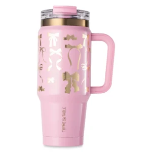 Thyme Table 32oz Tumbler with Handle Dual Straw Lid Stainless Steel Double Wall Insulated Cream Bow
