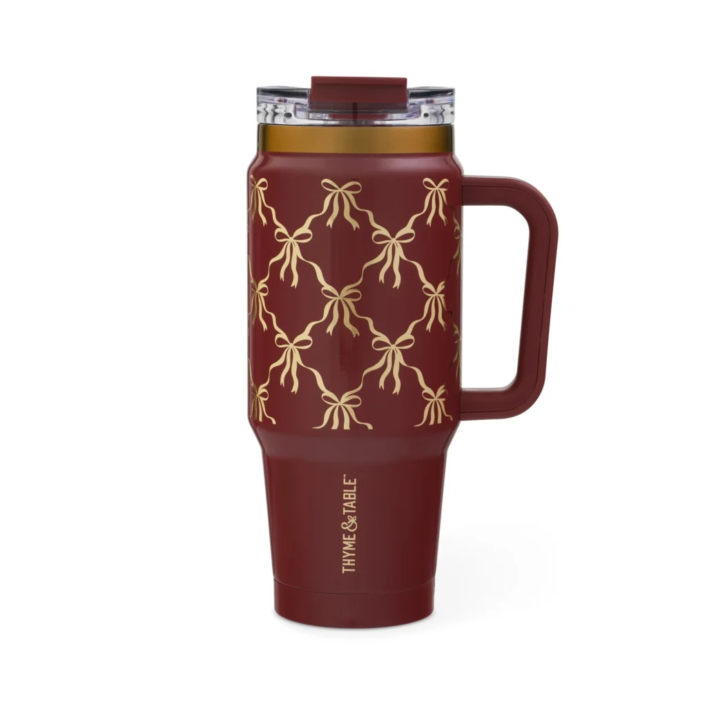 Thyme Table 32oz Tumbler with Handle Dual Straw Lid Stainless Steel Double Wall Insulated Cream Bow
