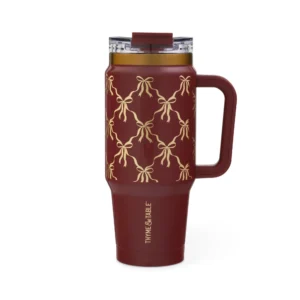 Thyme Table 32oz Tumbler with Handle Dual Straw Lid Stainless Steel Double Wall Insulated Cream Bow