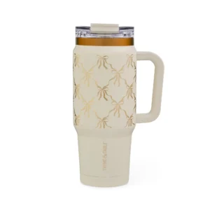 Thyme Table 32oz Tumbler with Handle Dual Straw Lid Stainless Steel Double Wall Insulated Cream Bow