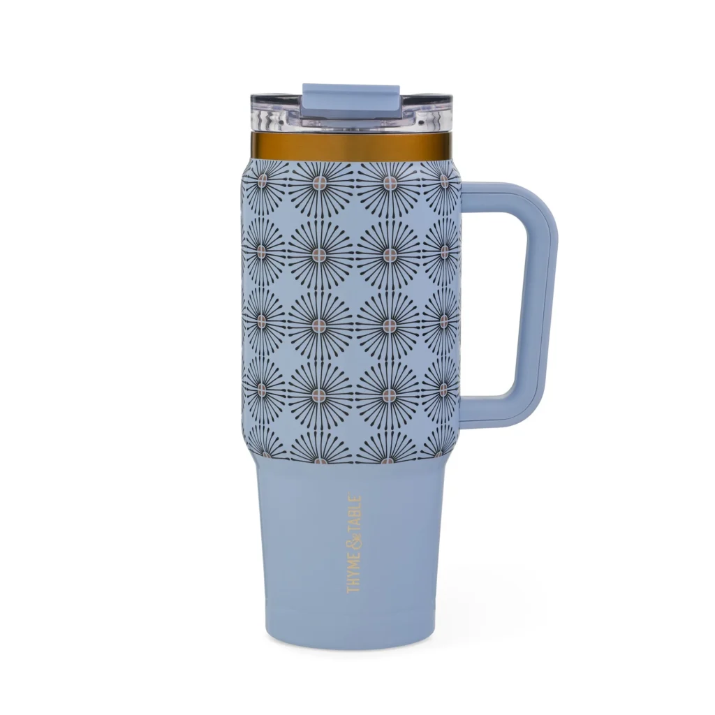 Thyme Table 32oz Insulated Tumbler – Dual Straw Lid & Handle, Cream Bow β alternate angle showing full product