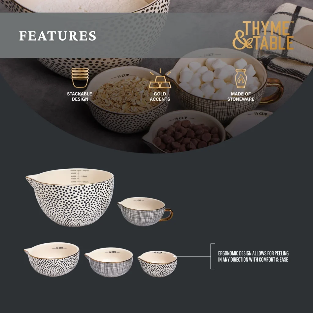Thyme Table Ceramic Measuring Bowl Set – 5 Piece Nesting Design β alternate angle showing full product