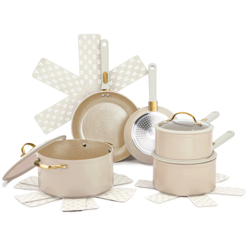 Thyme Table Granite 12 Piece Cookware Set Non Stick Taupe Gold