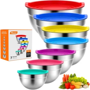 TINANA Mixing Bowls Lids 7PCS Stainless Steel Mixing Bowls Set Metal Nesting Mixing Bowls Kitchen Size 7 4 5 3 2 1 5 1 0 7 QT Great Prep Baking Servi