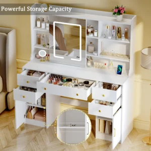 Tomnk woo Vanity Desk with Sliding LED Mirror 3 Light Modes 5 Drawers 2 Cabinets White for Bedroom