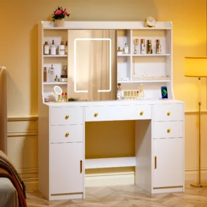 Tomnk woo White Vanity Desk, Tempered Glass Top, LED Mirror, 6 Shelves