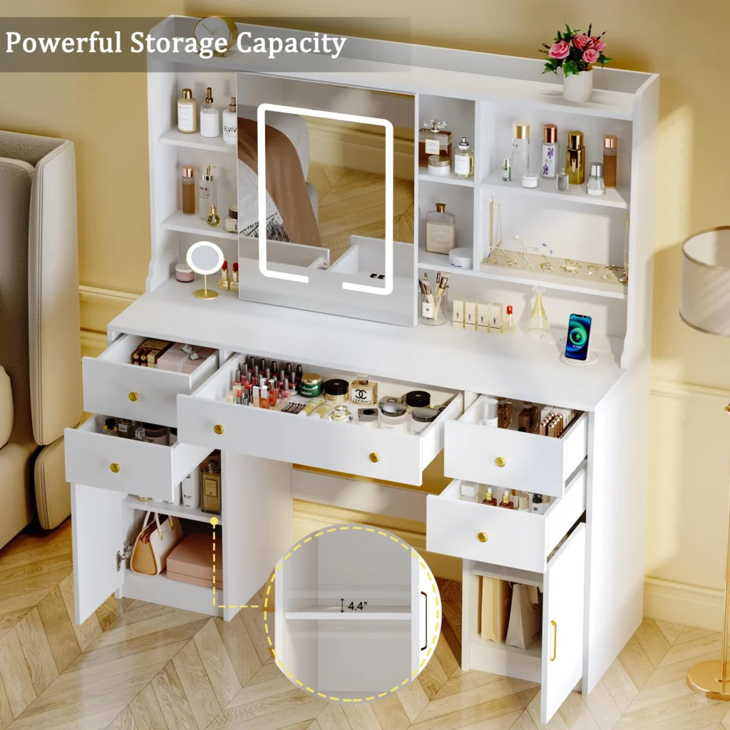 Tomnk woo White Vanity Desk, Tempered Glass Top, LED Mirror, 6 Shelves — close-up detail of design and finish