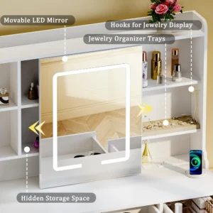Tomnk woo White Vanity Desk, Tempered Glass Top, LED Mirror, 6 Shelves