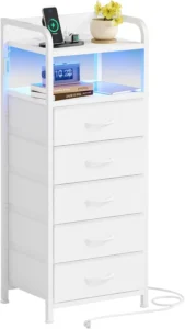 Tydimor Nightstand with Charging Station Bedside Dresser with 5 Fabric Drawers and Storage Shelves for Bedroom White