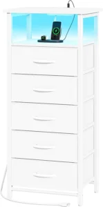 Tydimor Nightstand with Charging Station Bedside Dresser with 5 Fabric Drawers and Storage Shelves for Bedroom White