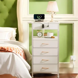 Tydimor Nightstand with Charging Station Bedside Dresser with 5 Fabric Drawers and Storage Shelves for Bedroom White