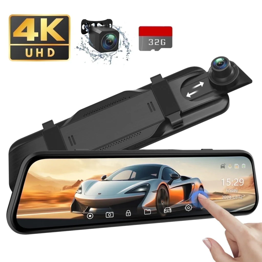 UDH 10 Rear View Mirror Dash Cam Front Rear Touch Screen 4K 1080P Dash Camera Cars Trucks Dashcam Voice Control Night Vision Parking Guide Includes 3