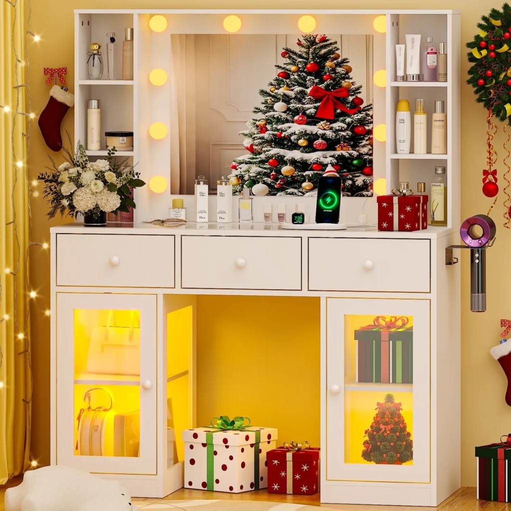 Modern Compact Vanity Desk – Built-in Storage & Mirror Ready β alternate angle showing full product