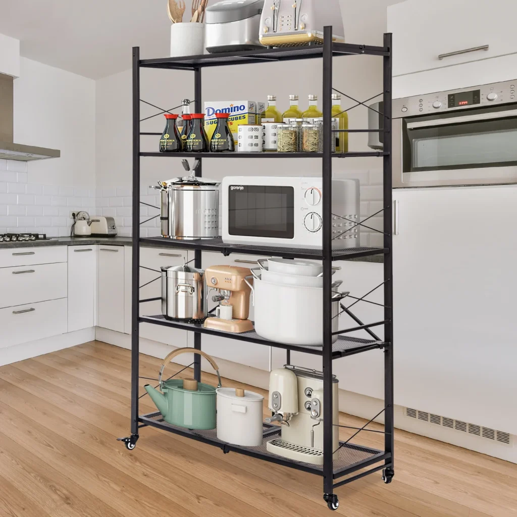 Vebreda 4-Tier Storage Shelf Foldable Metal Shelving Units with Wheels — close-up detail of design and finish